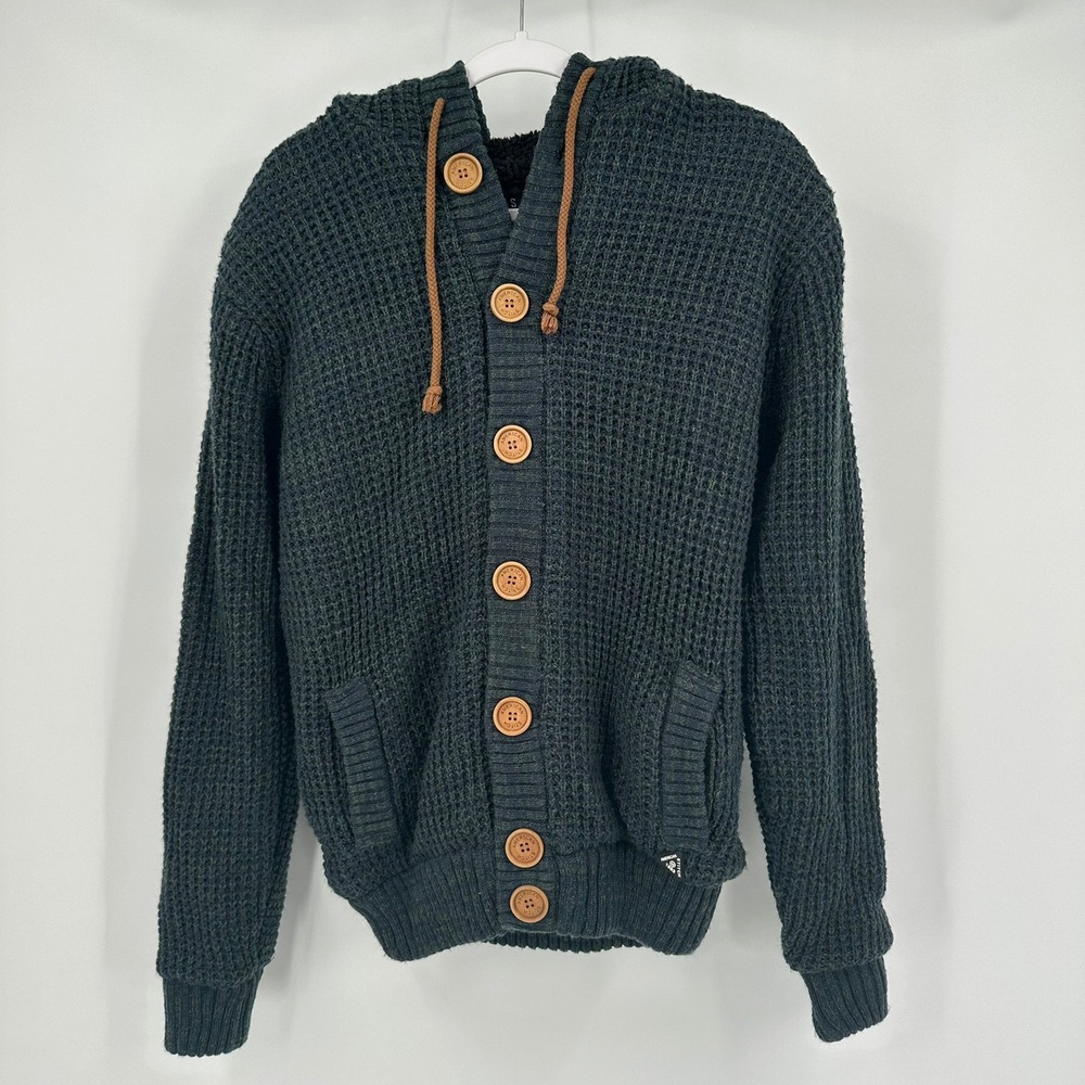 American Stitch Mens Waffle Knit Sherpa Lined Hooded Cardigan Size S Elbow Patch